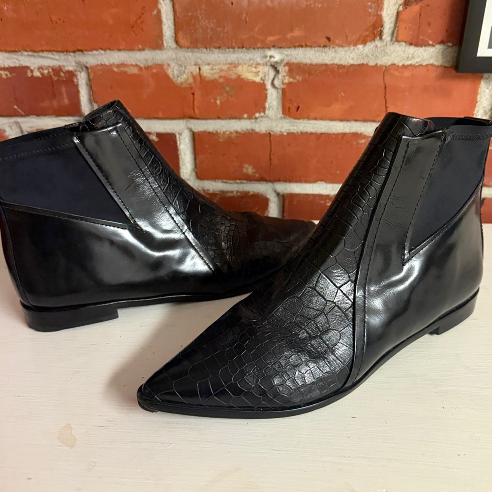 Tibi Black Croc-Embossed Pointed Ankle Boots